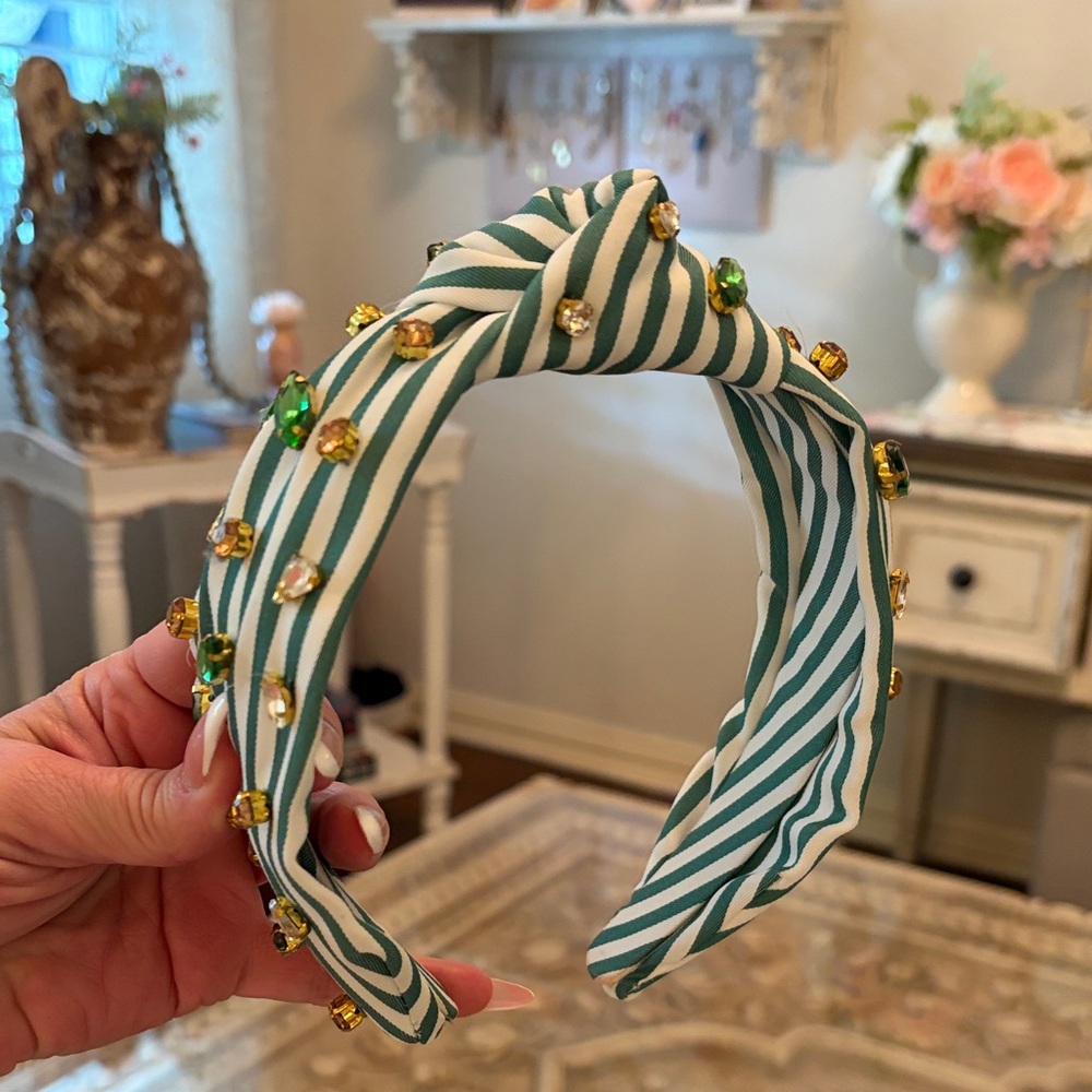 Striped Green and White Jeweled Knot Headband